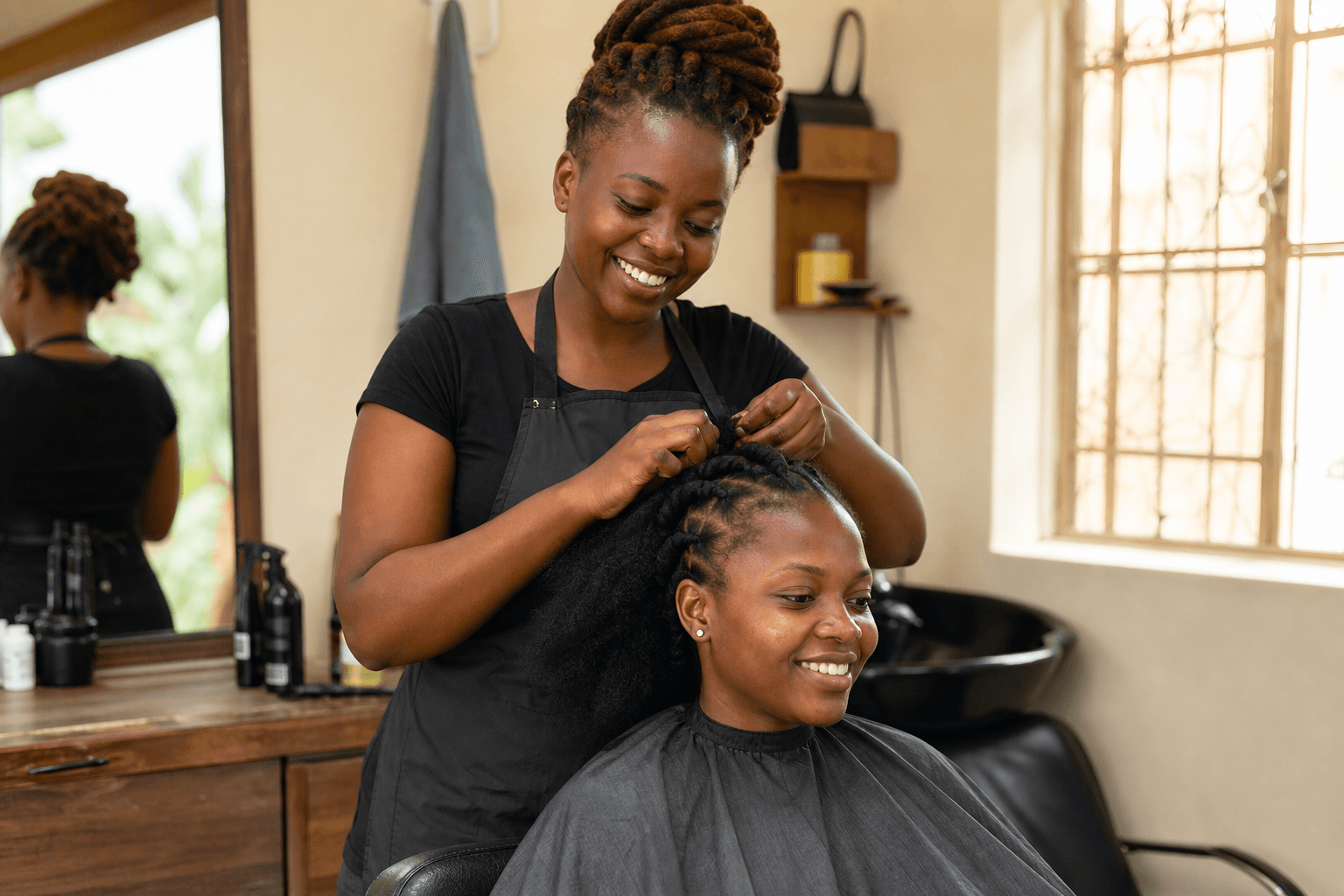 Hair stylist with client